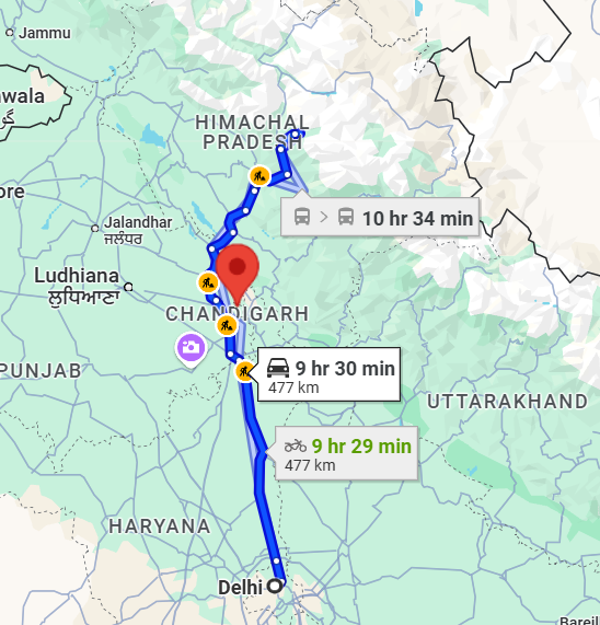 "Map showing road distance from Delhi to entry points of Himachal Pradesh like Parwanoo, Swarghat, and Una"