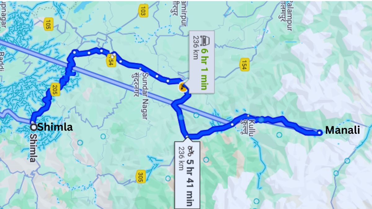 Route map showing Shimla to Spiti and Manali loop circuit