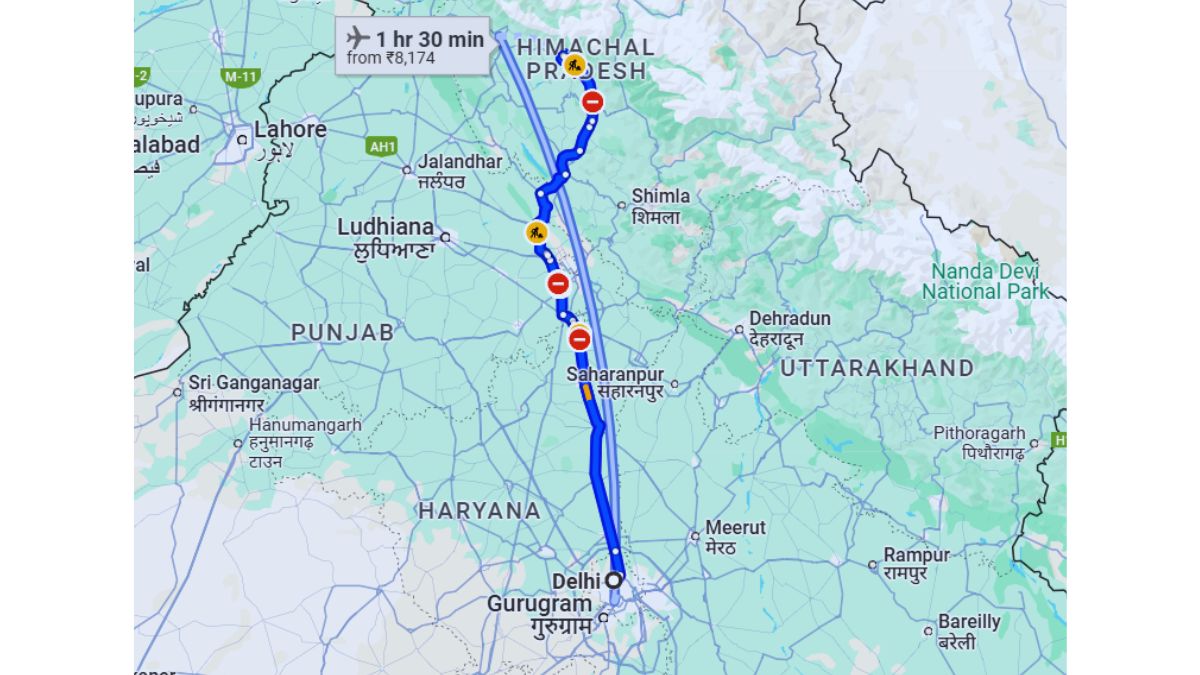 Map route from Delhi to Bir Billing via road and air options