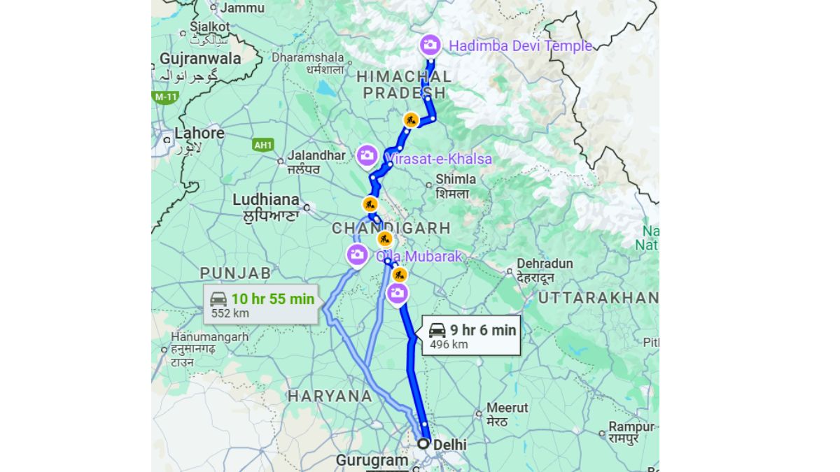 Delhi to Manali road trip map and driving route