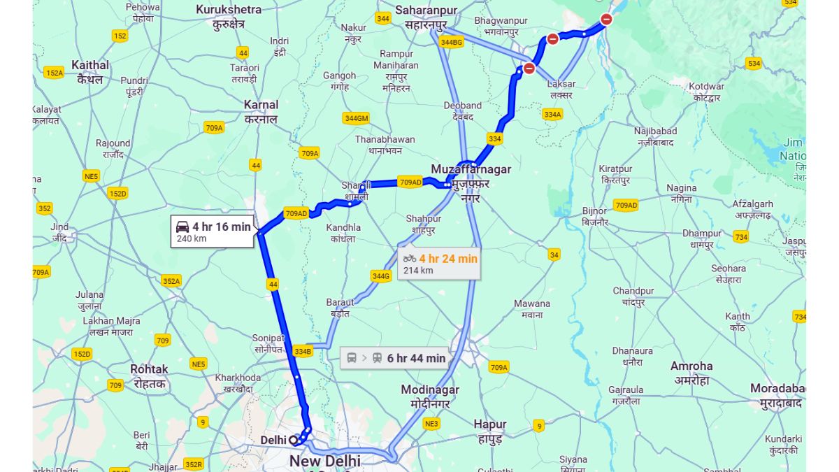 Route map from Delhi to Haridwar via Meerut Expressway