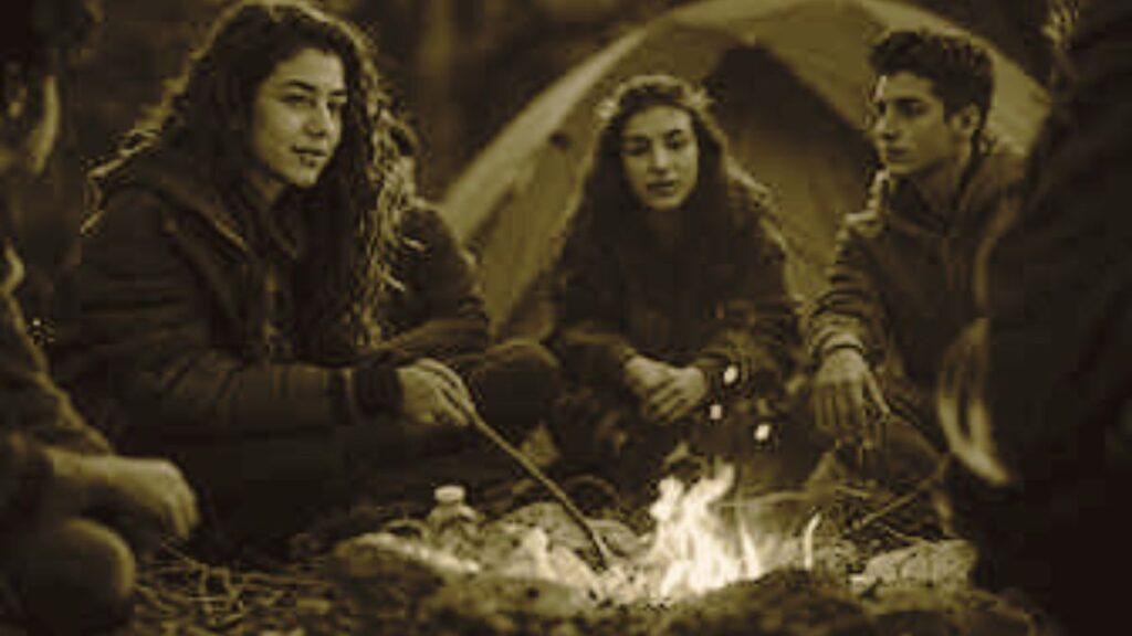 “Haunted Places in Himachal Group of people telling ghost stories around a campfire in Himachal forest at night”