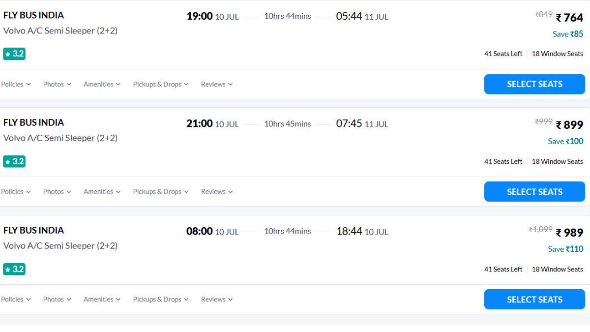 Bus fare details for Delhi to Kasol route with booking options in 2025