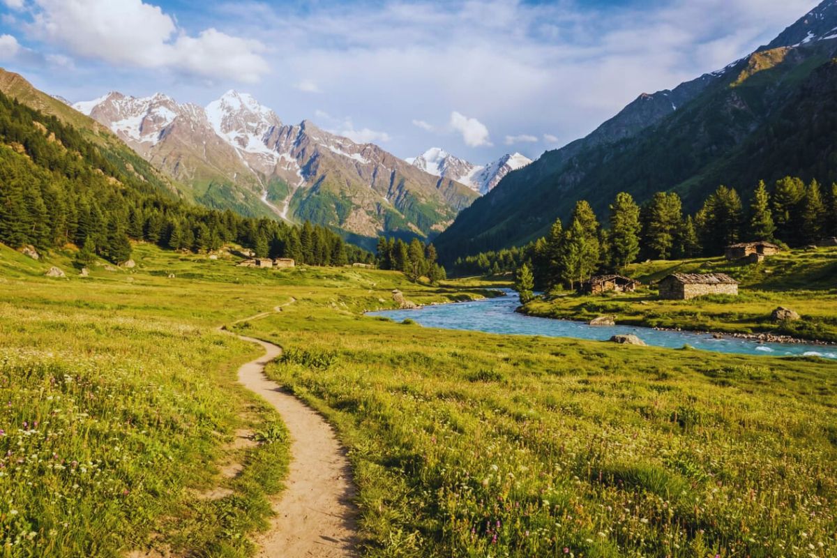 Chitkul to Nagasti meadow with Baspa river and surrounding Himalayan peaks.