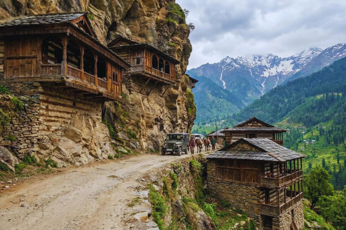 Traditional wooden houses in Roghi Village with views of Kinner Kailash.